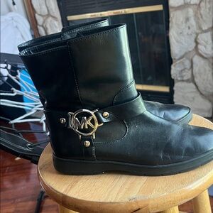 Michael Kors Black Leather Ankle Boots with Gold MK Emblem